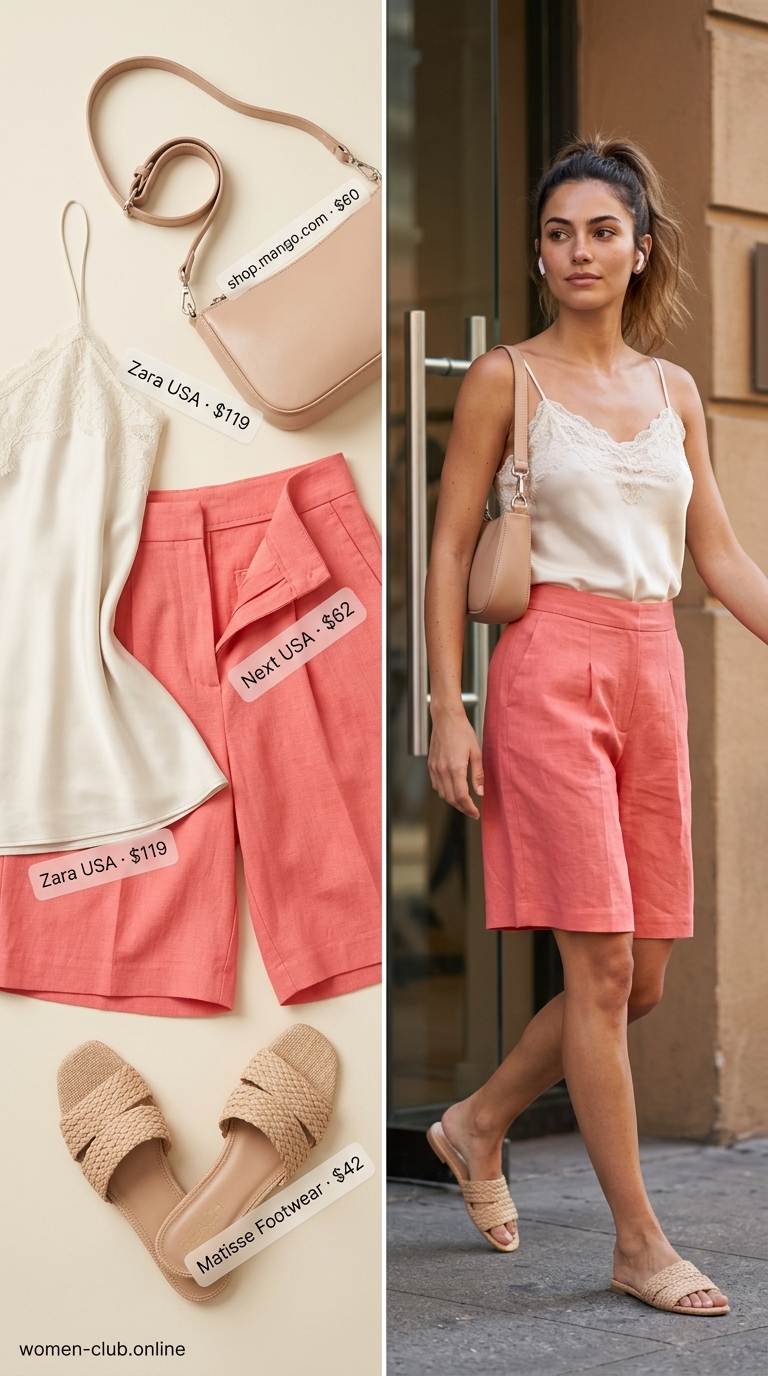 Chic minimal hot weather summer outfits for women 2026. Coral tailored Bermuda shorts, an off-white lace-trim camisole, nude mules, and a nude structured shoulder bag for a sunny brunch.