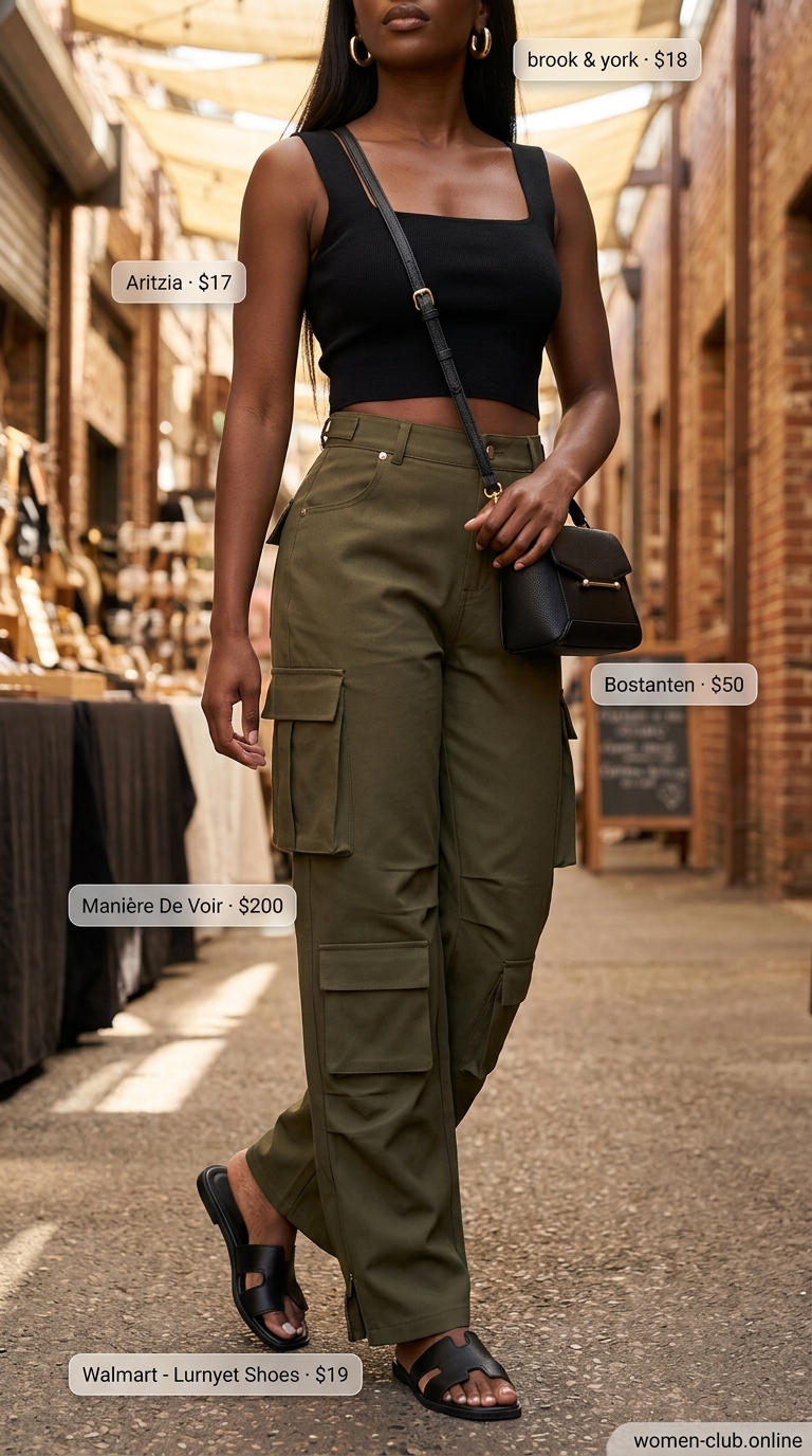 An edgy black and olive green urban safari outfit featuring minimalist hot weather summer outfits for women for 2026. Includes a black ribbed crop top, olive cargo pants, black slide sandals, and a gold chunky hoop earring.