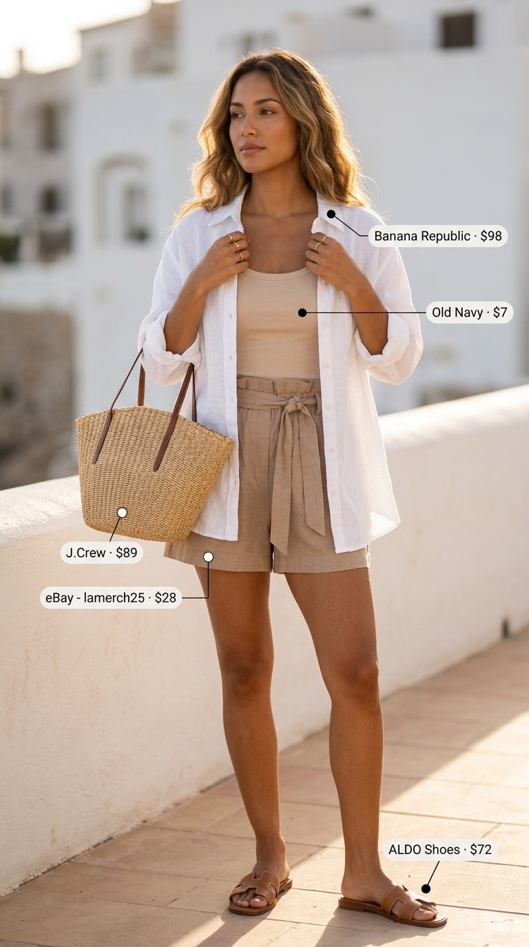 Chic Riviera minimal hot weather summer outfit for women 2026. This features a white linen button-down shirt, beige paperbag shorts, and straw tote.