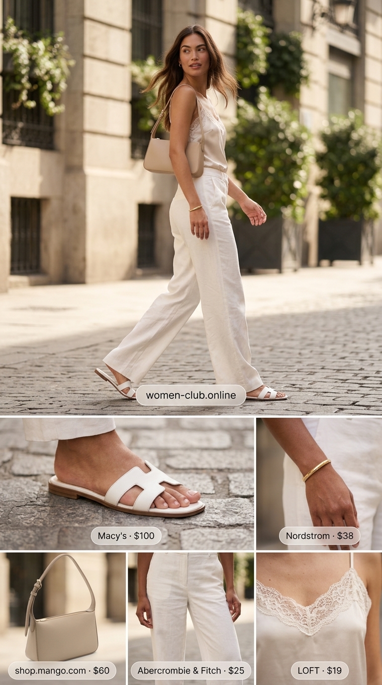 A refined off-white wide-leg linen blend trousers and beige silk camisole, creating a chic minimal hot weather summer outfit for women, great for city strolls in 2026.