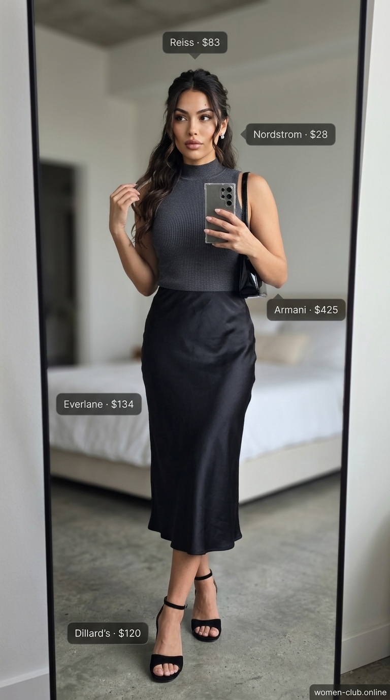 Sleek Modern Minimalist Glam minimal hot weather summer outfit for women 2026. Features a charcoal satin slip skirt and black knit top.