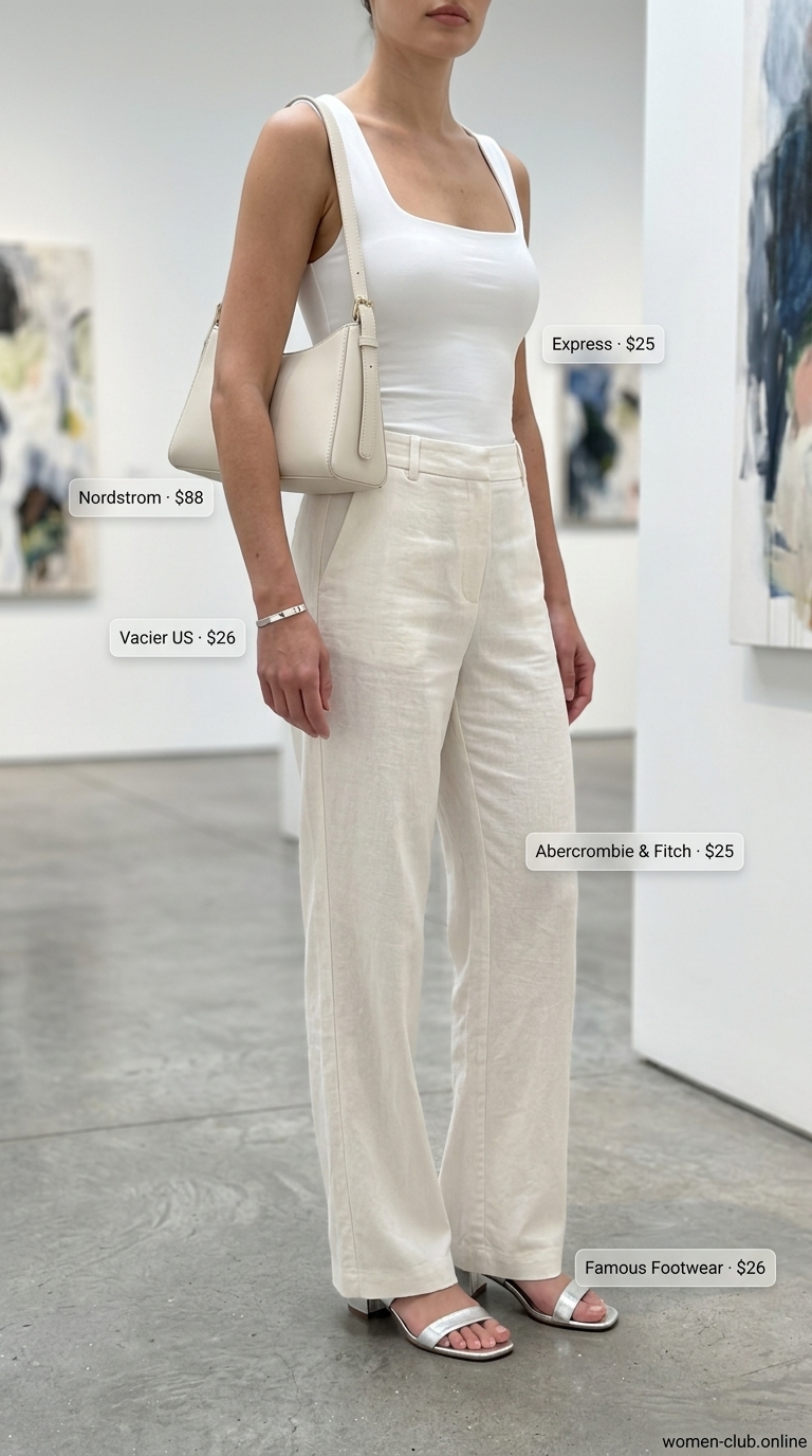 Sophisticated Monochrome City Sleek minimal hot weather summer outfit for women 2026. Off-white wide-leg pants, white tank, and silver slides.