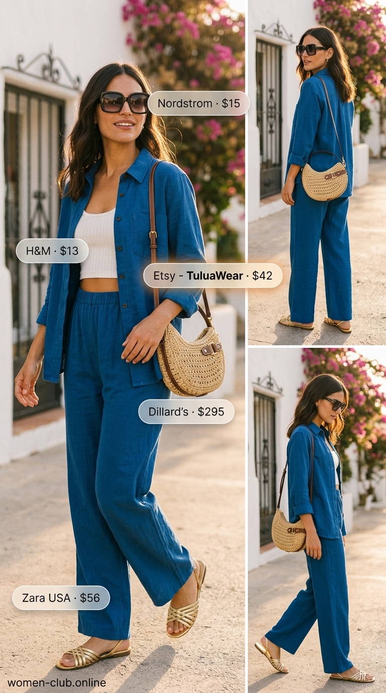 A coordinated cobalt blue linen button-up shirt and wide-leg pants set with a white tank top and gold metallic sandals, showcasing minimal hot weather summer outfits for women in 2026.