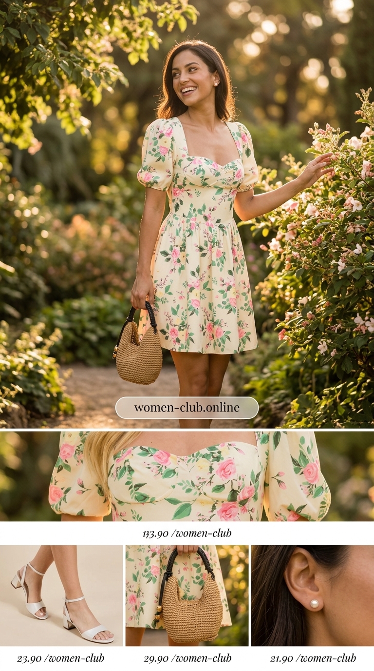 A joyful floral print mini dress in yellow, green, and pink, with white block heel sandals and a woven bag, perfect for minimal hot weather summer outfits for women at a 2026 garden party.