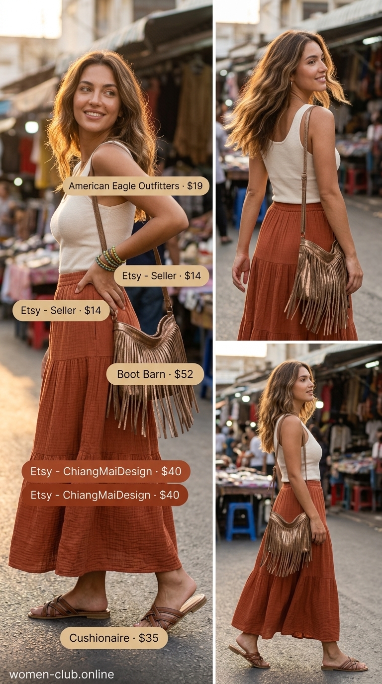 Free-spirited boho minimal hot weather summer outfit for women 2026 with a rust maxi skirt, cream tank, and braided flat sandals.