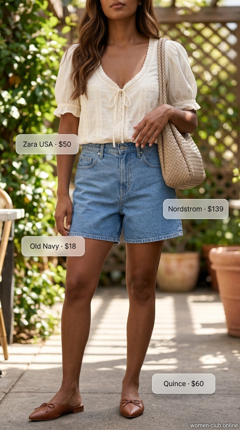 Effortless minimal hot weather summer outfit for women 2026: cream puff-sleeve blouse, light blue denim shorts, and brown mules for brunch.