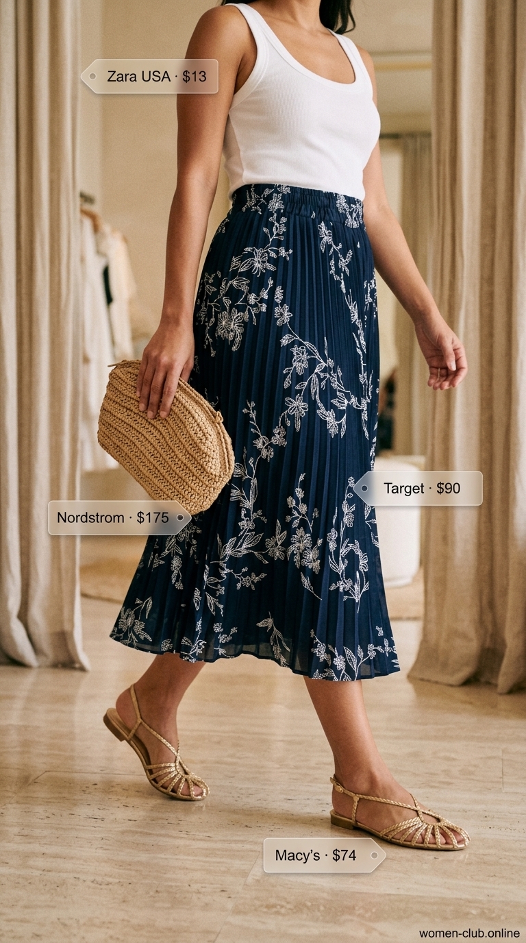 Elegant minimal hot weather summer outfits for women 2026. A white ribbed knit top paired with a navy and white abstract floral print midi skirt, gold sandals, and a raffia clutch for a refined resort dinner.