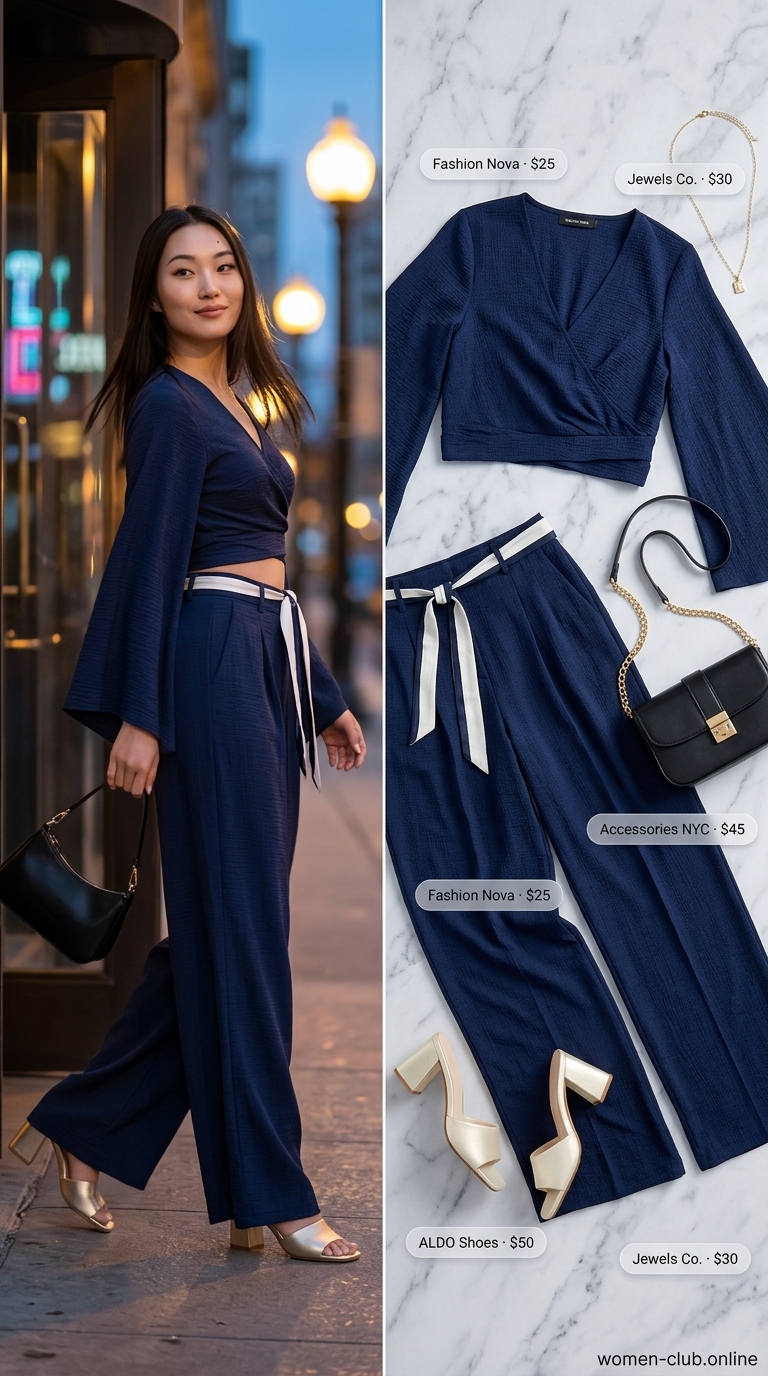 Summer Night Out Glam: Fashion 2026 Elegant street style summer fashion outfits for women 2026 for a night out. A navy and ivory two-piece set (wrap crop top, wide-leg pants) with gold heeled mules, a mini clutch, and a delicate bracelet.