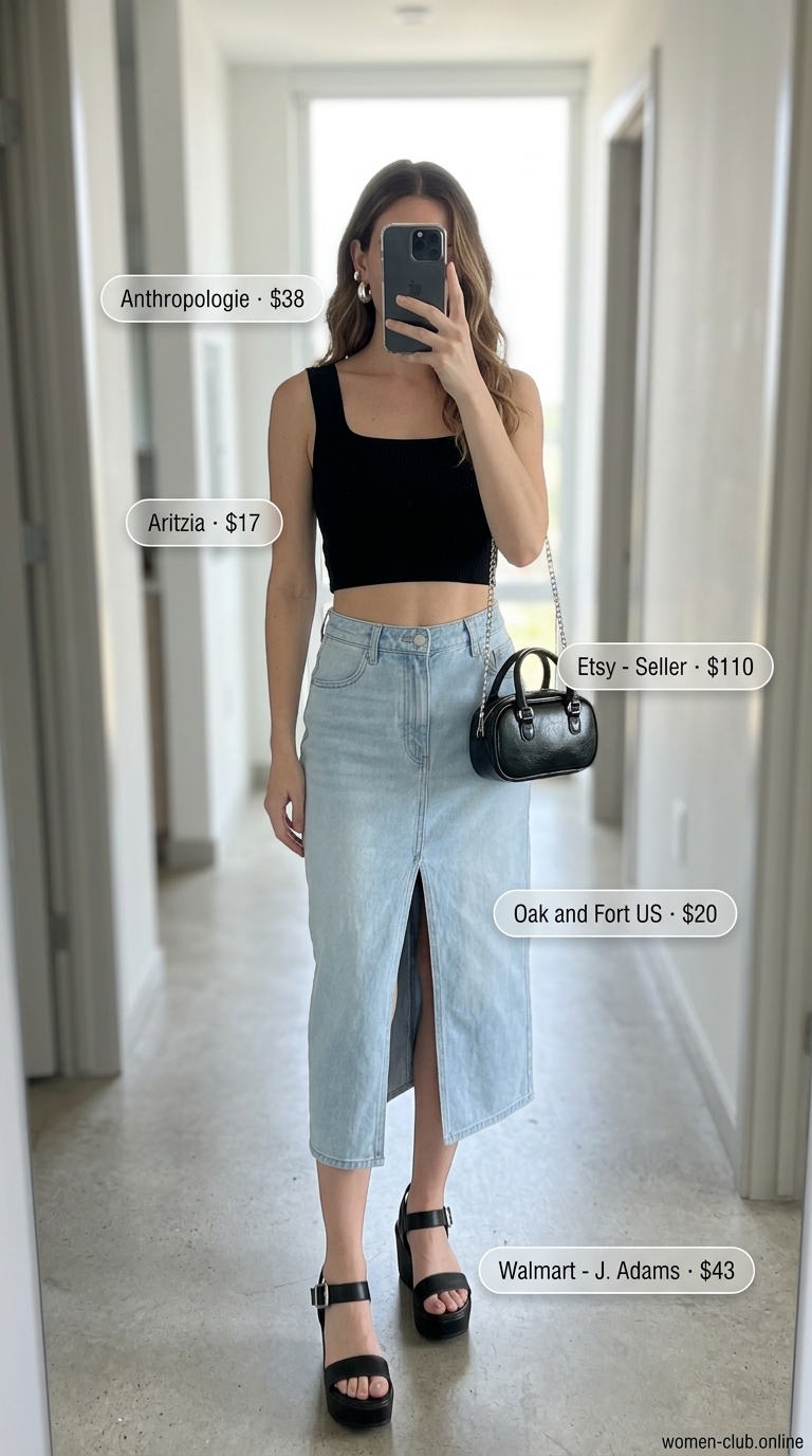 Downtown Denim Dream: Summer Fashion 2026 Cool Downtown Denim Dream street style summer fashion outfits for women 2026 featuring a light wash A-line midi skirt, black crop top, platform sandals, and silver hoop earrings, great for brunch.