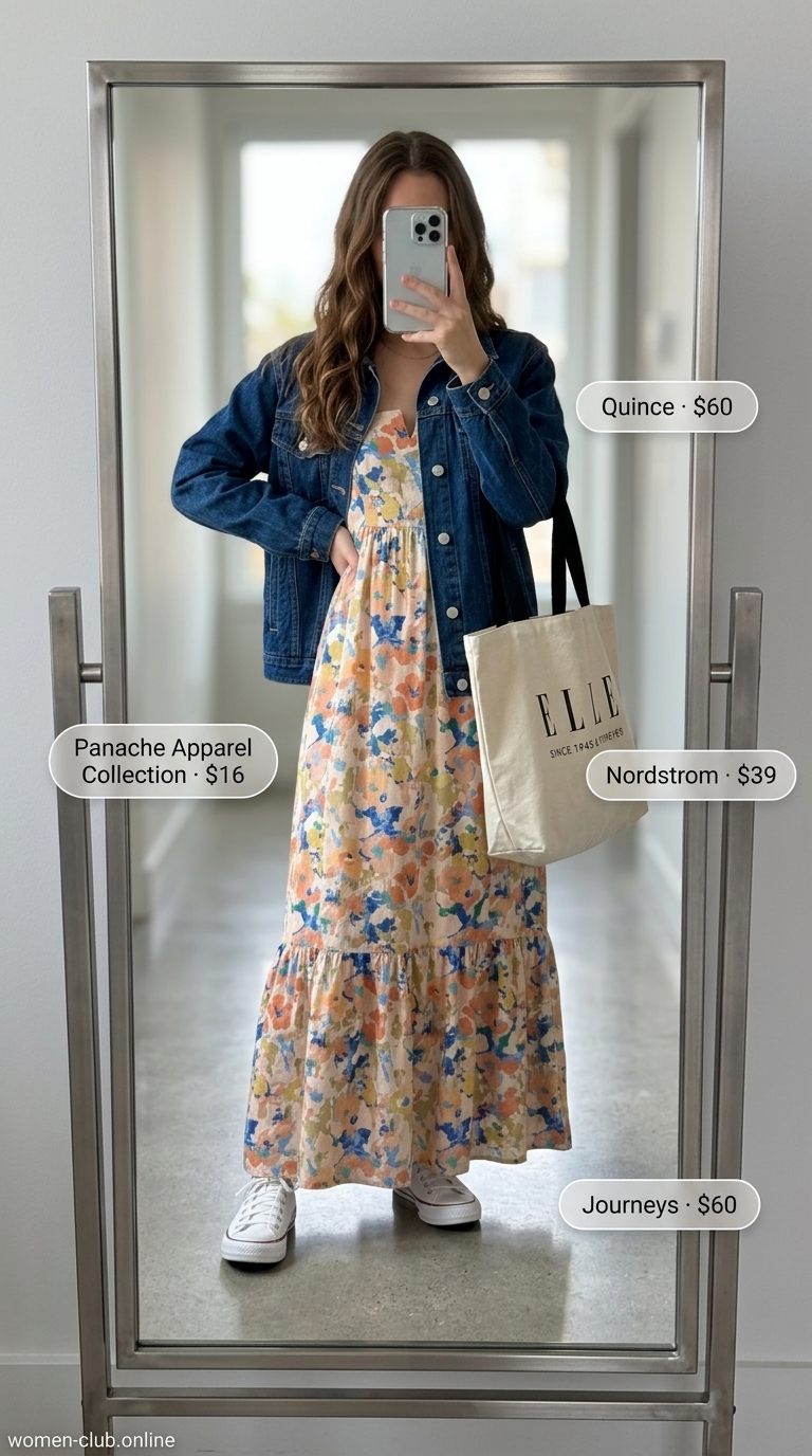 Eclectic City Wanderer: Summer Fashion 2026 Bohemian street style summer fashion outfits for women 2026. A free-spirited woman in a multi-color tiered maxi dress, indigo denim jacket, a graphic print canvas tote, and white sneakers, perfect for a festival.