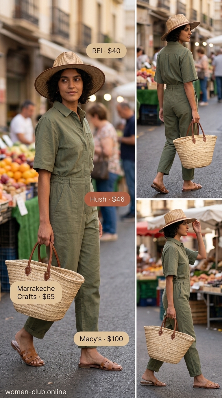 Effortless Jumpsuit Look: Summer Fashion 2026 Relaxed khaki linen blend jumpsuit, a key piece for street style summer fashion outfits for women 2026, paired with a straw tote, wide-brim hat, and flat brown sandals. Ideal for travel or a market day.