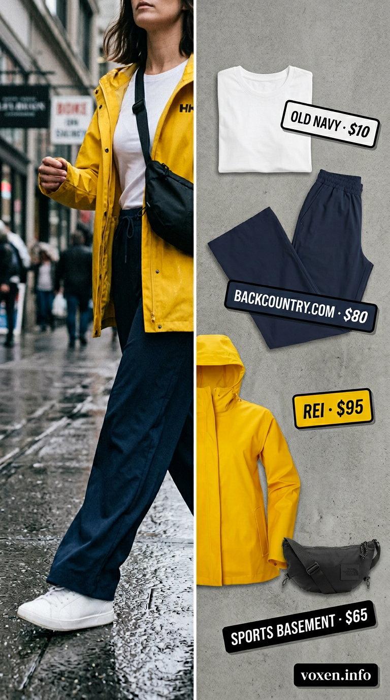 Rainy day summer outfits for women 2026: Yellow waterproof jacket, navy wide-leg pants, white tee, grey sneakers & black crossbody bag.