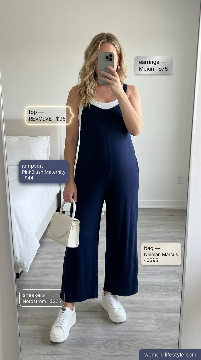 Chic Nursing Maternity Outfits 2026: City Jumpsuit Navy maternity jumpsuit for nursing, perfect for city lunch or casual date. 2026 style.