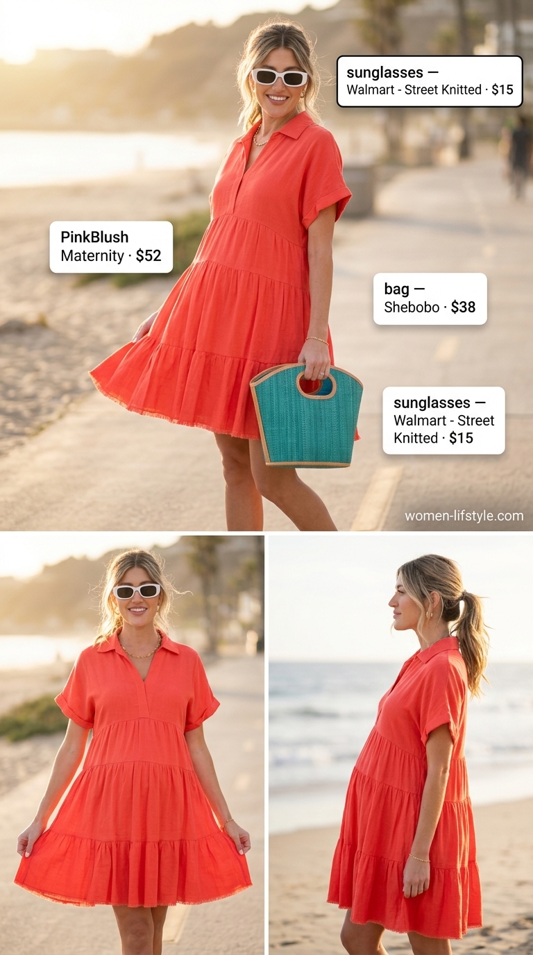 Nursing Maternity Summer Outfits 2026: Vacation Vibes Nursing maternity summer outfits 2026: Vacation Vibrance with coral sundress, espadrilles, and straw bag.