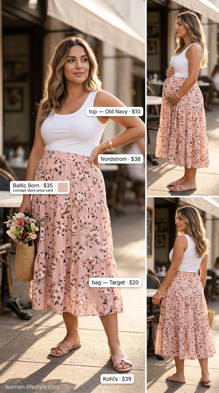 Garden Fresh: Nursing Maternity Summer Outfits 2026 Pink floral midi skirt, cream nursing camisole, blush slides, woven bucket bag. Nursing maternity summer outfits 2026 for garden.