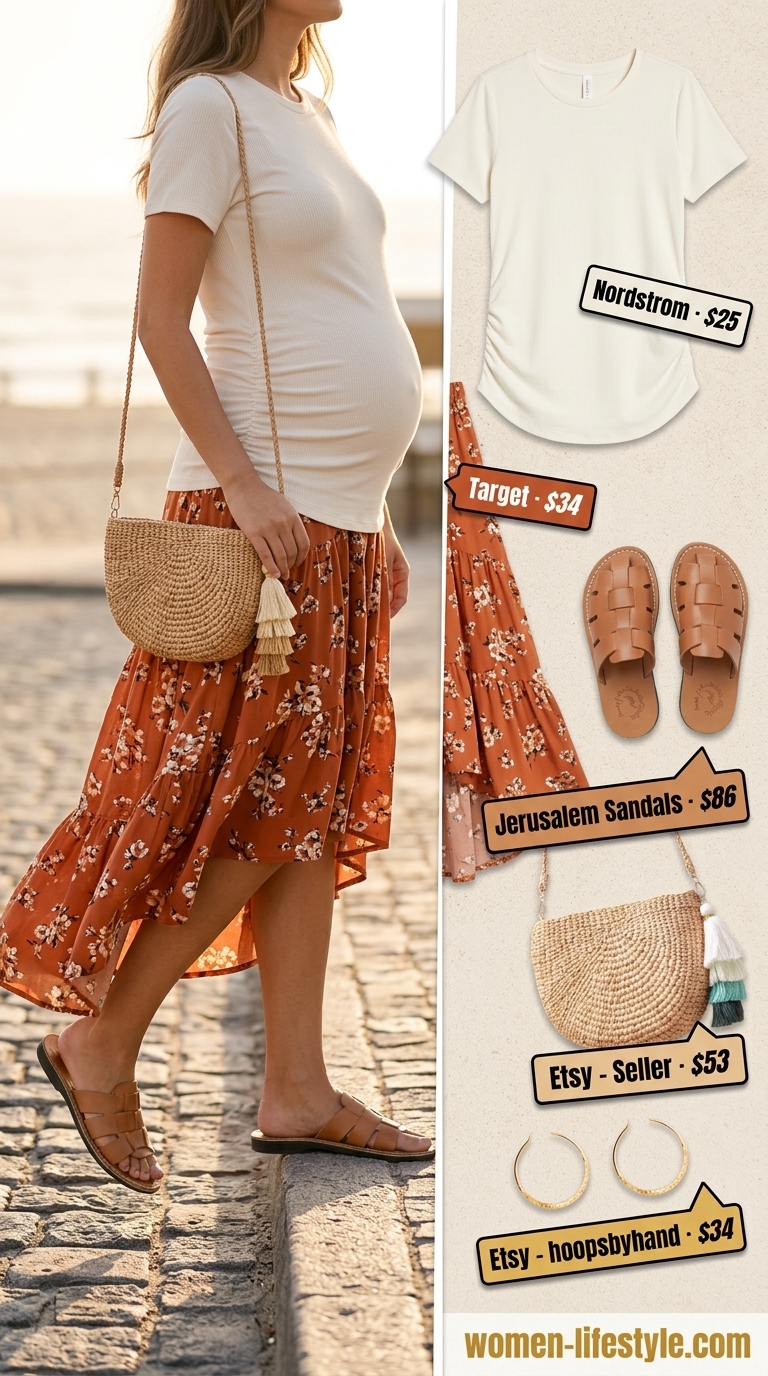 Boho Nursing Maternity Outfits 2026: Beach Skirt Terracotta maternity maxi skirt for beach dinners. Bohemian summer style.