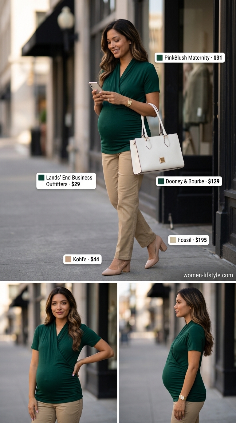 Executive Mama: Nursing Maternity Summer Outfits 2026 Nude pumps, cream satchel, gold watch, khaki maternity trousers, emerald green nursing blouse. Nursing maternity summer outfits 2026 for work.