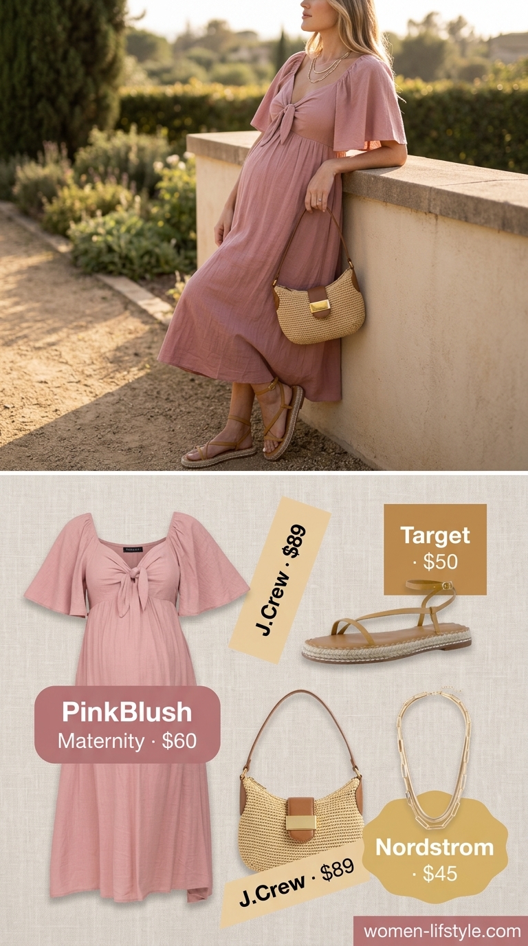 Midday Oasis: Nursing Maternity Summer Outfits 2026 Dusty rose maternity wrap dress, tan espadrilles, woven crossbody bag, gold necklaces. Nursing maternity summer outfits 2026 brunch.
