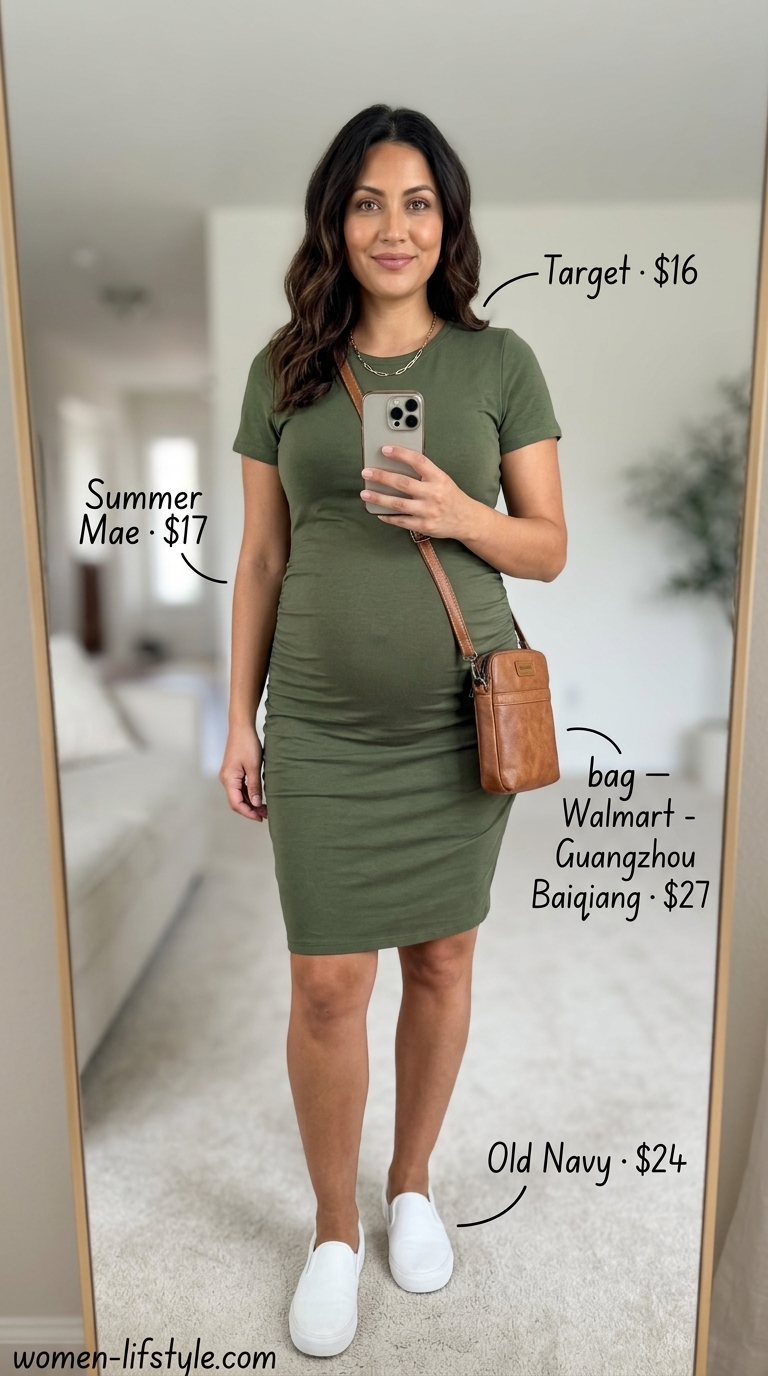 Nursing Maternity Summer Outfits 2026: City Stroll Style Nursing maternity summer outfits 2026: Casual City Stroll with olive green t-shirt dress and white sneakers.