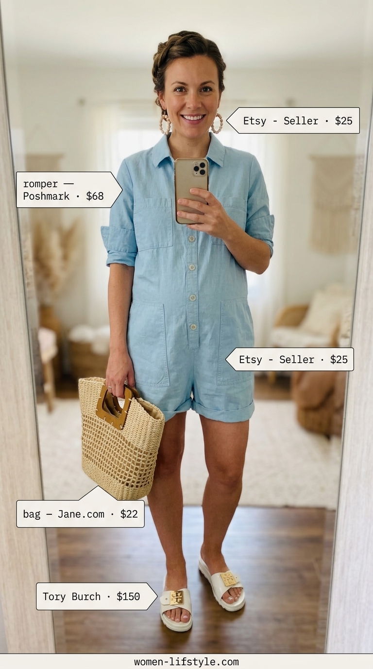 Nursing Maternity Summer Outfits 2026: Boho Beach Style Nursing maternity summer outfits 2026: Boho Beach Day romper in sky blue with slide sandals and straw bag.