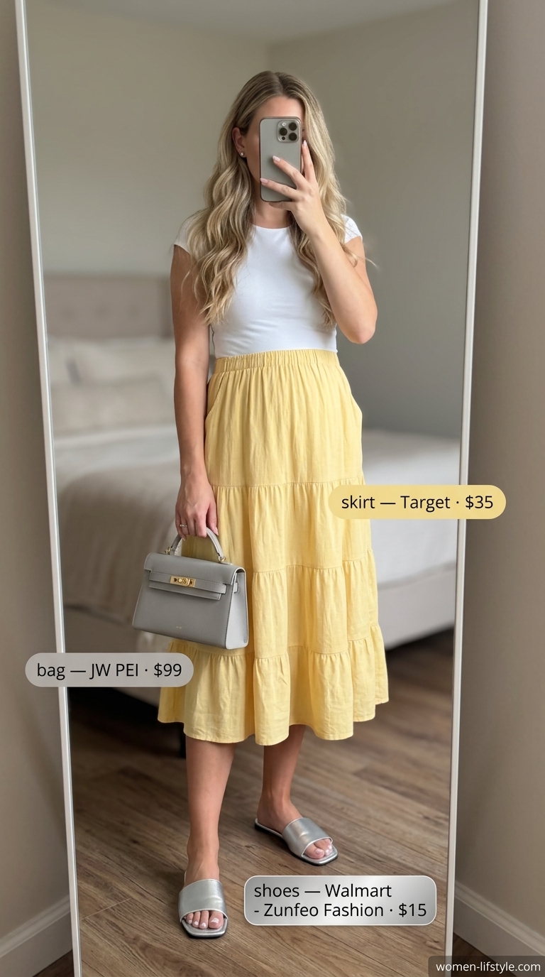 Feminine Nursing Maternity Outfits 2026: Garden Skirt Yellow maternity skirt outfit for garden parties and tea. Nursing friendly.