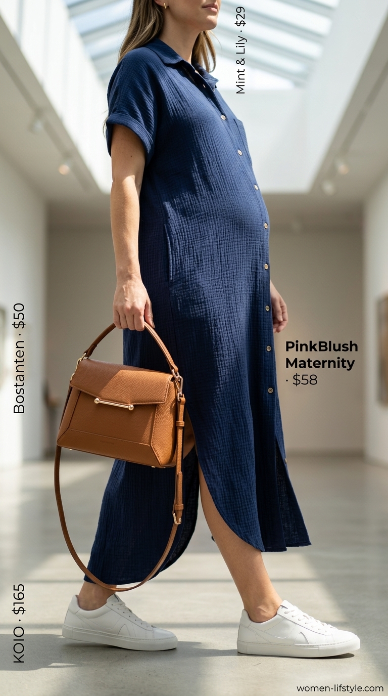 Polished Nursing Maternity Outfits 2026: City Dress Navy maternity shirtdress for city sightseeing. Polished and practical.