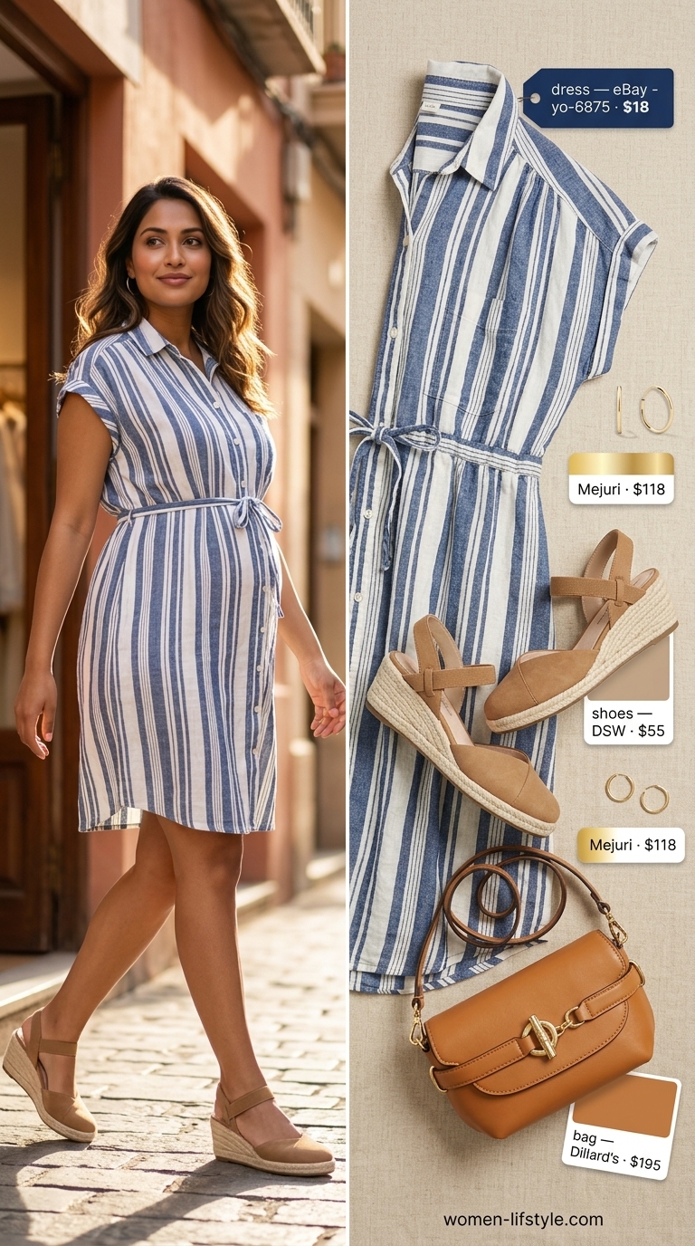 Nursing Maternity Summer Outfits 2026: Preppy Picnic Dress Nursing maternity summer outfits 2026: Preppy Picnic dress in blue & white stripes with tan espadrilles.