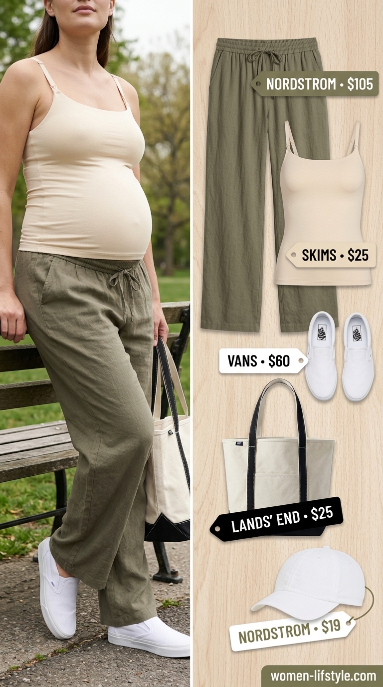 Effortless Nursing Maternity Outfits 2026: Park Pants Olive green maternity linen pants for park playdates. Casual and easy.