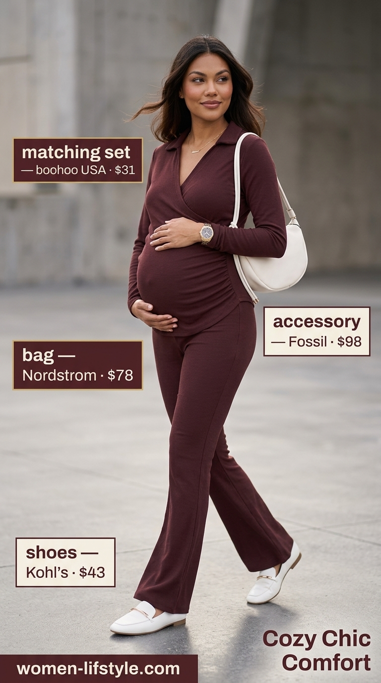 Cozy Home Office: Nursing Maternity Summer Outfits 2026 Warm beige knit set, white loafers, cream shoulder bag, gold watch. Nursing maternity summer outfits 2026 home office.