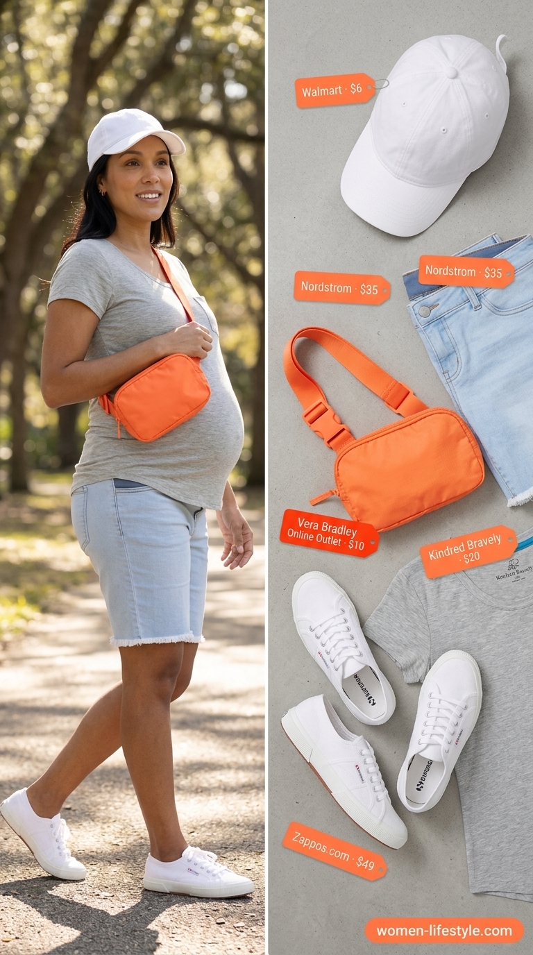 Nursing Maternity Summer Outfits 2026: Playdate Ready Nursing maternity summer outfits 2026: Playdate Ready with denim shorts, grey nursing tee, and neon belt bag.