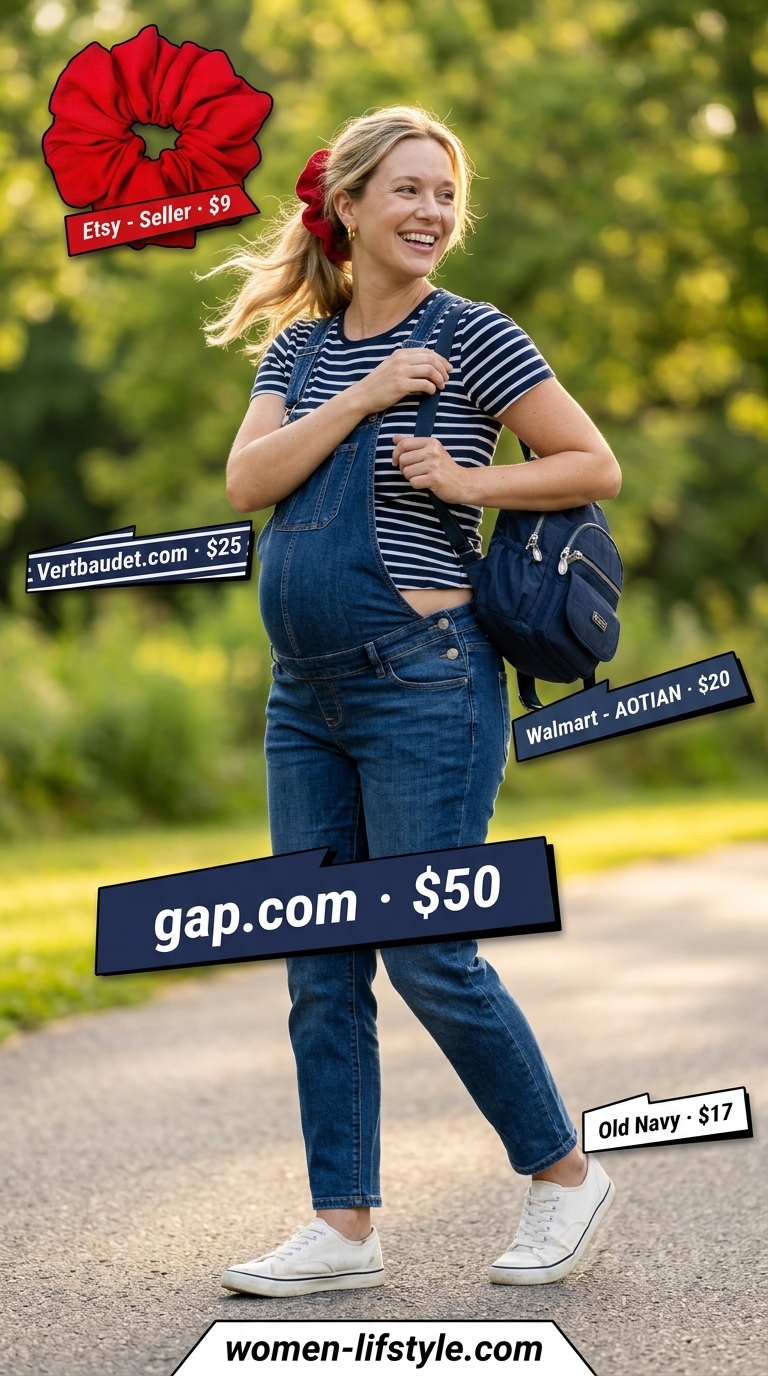 Park Day Chic: Nursing Maternity Summer Outfits 2026 Dark wash denim overalls, navy stripe nursing top, navy backpack, white sneakers. Nursing maternity summer outfits 2026 for park.