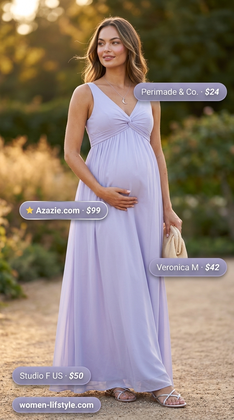 Graceful Nursing Maternity Outfits 2026: Picnic Dress Lavender maternity maxi dress for summer picnics and events. Easy nursing access.