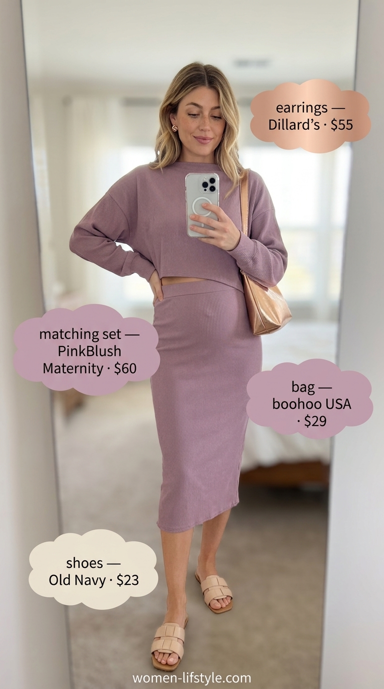 Resort Ready: Nursing Maternity Summer Outfits 2026 Blush pink ribbed knit matching set, cream slides, rose gold earrings, rose gold mini bag. Nursing maternity summer outfits 2026 resort.