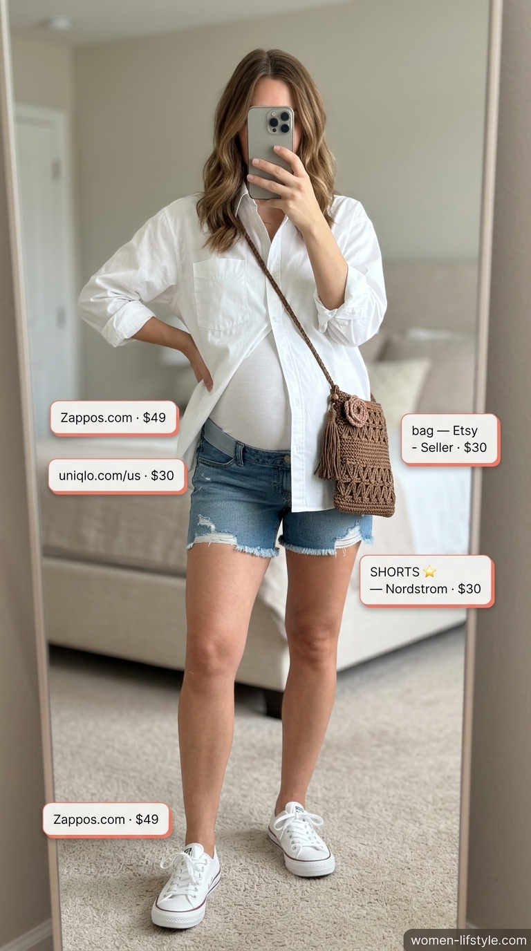 Nursing Maternity Summer Outfits 2026: Park Picnic Style Nursing maternity summer outfits 2026: Playful Park Picnic with denim shorts, coral tank, and white button-down.