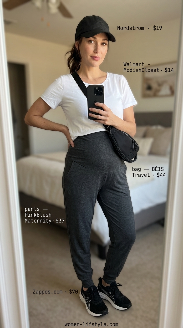Nursing Maternity Summer Outfits 2026: Active Mom Athleisure Nursing maternity summer outfits 2026: Active Mom athleisure with charcoal joggers, white nursing tee, and belt bag.
