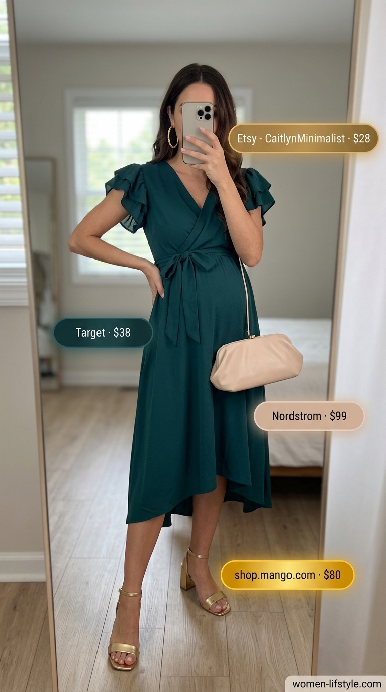 Romantic Nursing Maternity Outfits 2026: Date Night Dress Teal maternity wrap dress for summer date nights. Elegant and nursing friendly.