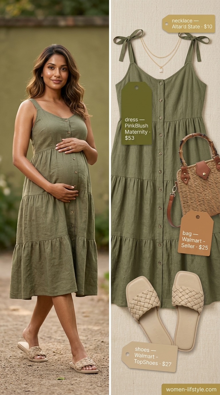 Nursing Maternity Summer Outfits 2026: Boho Mama Style Nursing maternity summer outfits 2026: Effortless Boho Mama maxi dress in olive green with tan sandals.