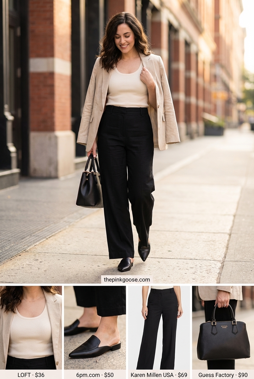 Polished Summer Outfits 2024: City Day Trousers Polished cream wide-leg trousers and black tank top, styled with a cream oversized blazer, perfect for sophisticated city summer outfits. Gold accents and black mules complete the look.