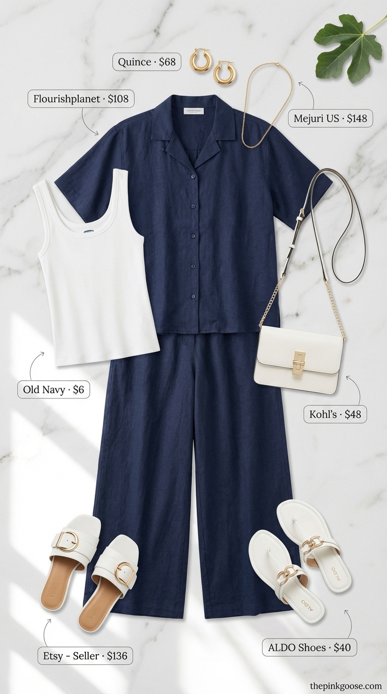 Chic City Stroll Summer Outfit 2024 Polished navy blue linen blend matching set for chic city summer outfits, featuring tailored shorts and a short-sleeve shirt. Styled with a white scoop neck tank, leather flat sandals, gold hoops, and a structured crossbody bag.