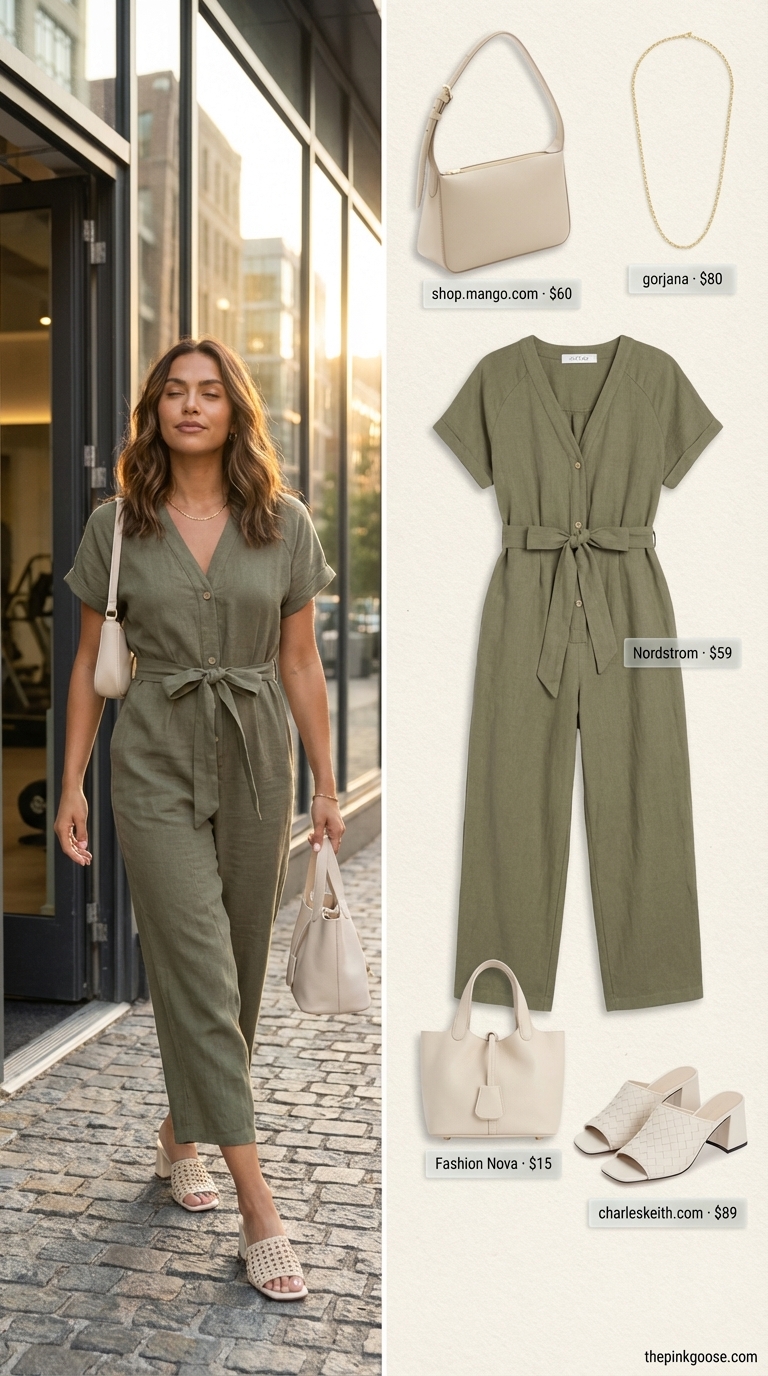 Elegant Summer Outfits 2024: Garden Party Jumpsuit Elegant sage green linen blend jumpsuit for summer outfits garden parties. Features delicate gold jewelry, cream top-handle bag, and woven mules. Sophisticated and comfortable.