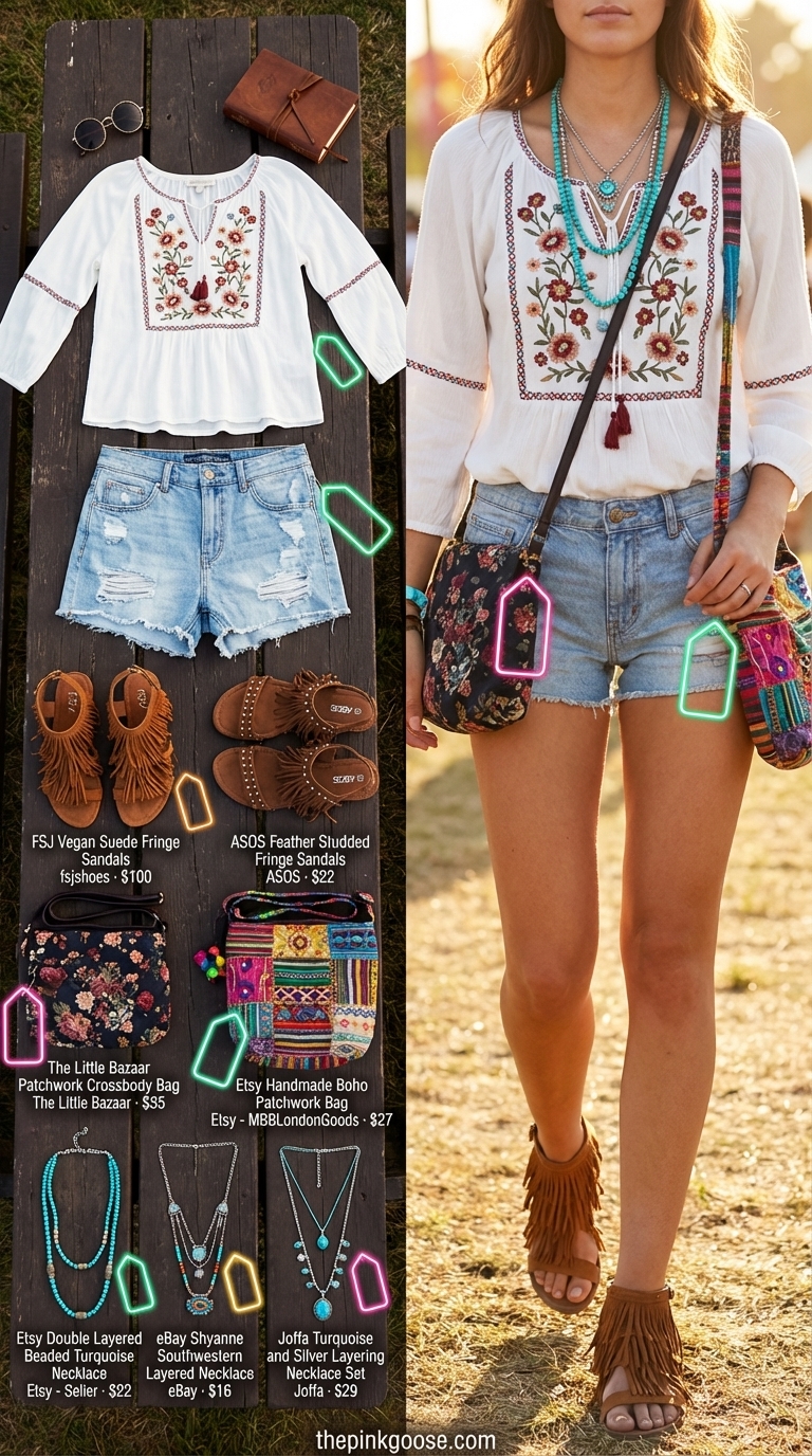 Boho Summer Outfits 2024: Festival Ready Boho festival summer outfits: white embroidered peasant top, distressed denim shorts, fringed sandals, and a woven crossbody bag with turquoise jewelry.