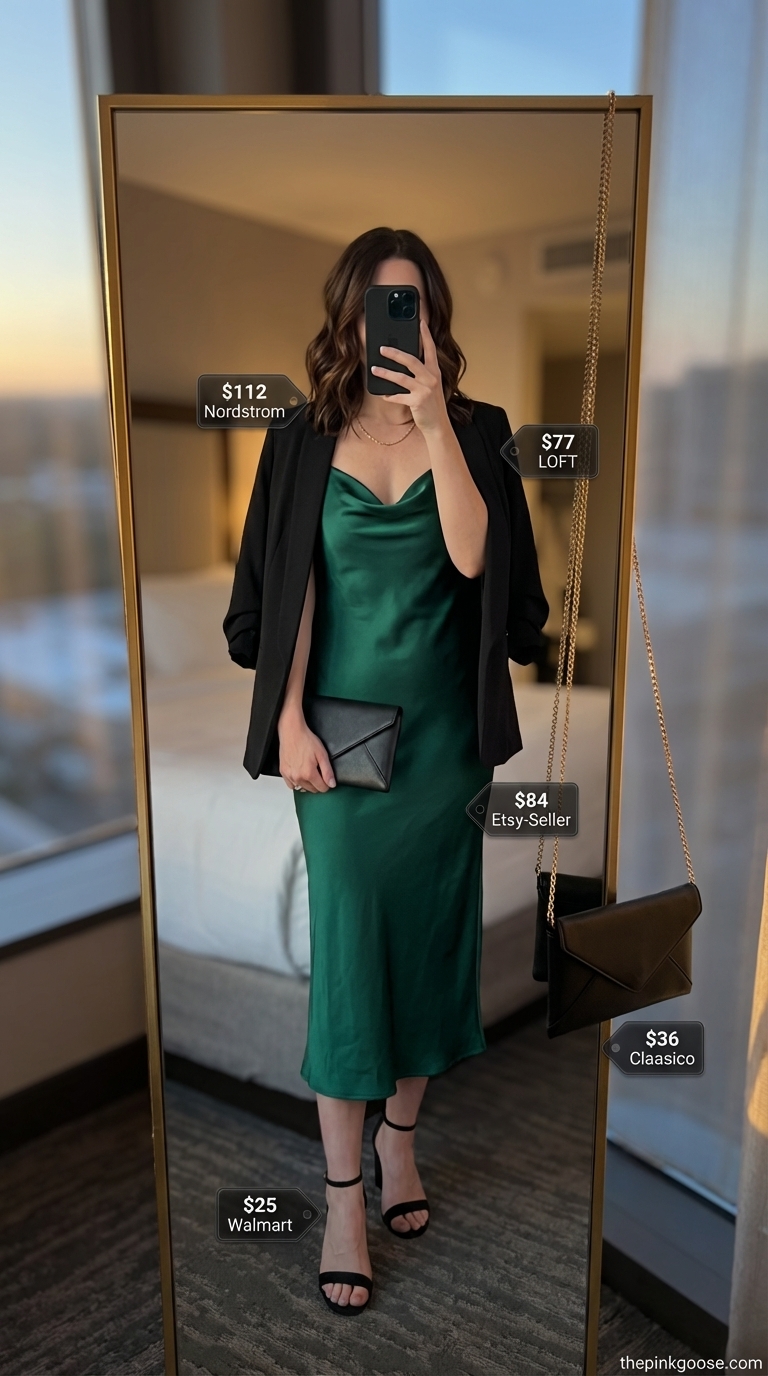 Chic Summer Outfits 2024: Gallery & Date Night Sophisticated emerald green satin midi slip dress with a black blazer, perfect for summer outfits art gallery visits or cocktail hours. Paired with gold jewelry and black heels.