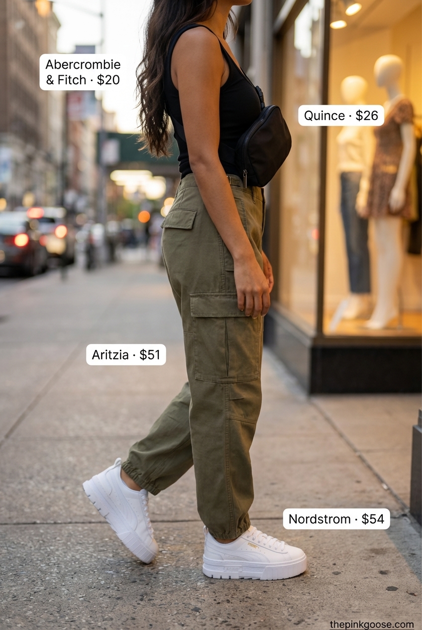 Effortless Summer City Explorer Outfit 2024 Chic summer outfits for urban exploration featuring khaki cargo pants, a black ribbed tank top, and white chunky sneakers. A black crossbody bag completes this practical yet stylish look for city adventures.