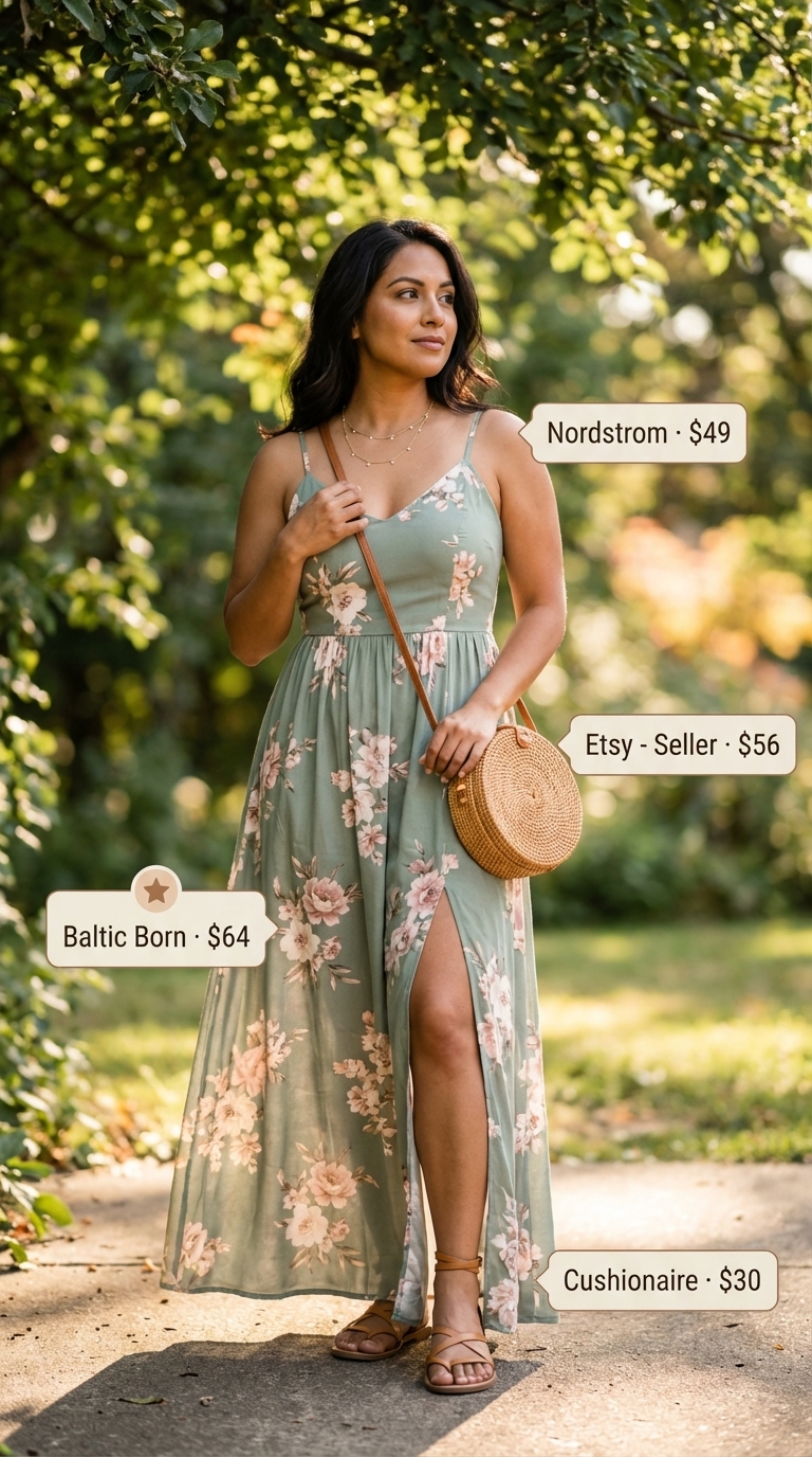 Effortless Summer Outfits 2024: Floral Maxi Dress Flowy floral print maxi dress for enchanting golden hour summer outfits garden parties. Features ivory, sage green, and blush tones, paired with woven bag, delicate gold necklaces, and flat sandals.