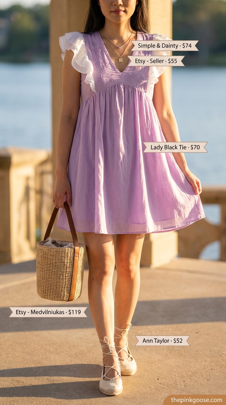 Romantic Summer Outfits 2024: Picnic Dress Dreamy lavender smocked mini sundress, a perfect summer outfit for a romantic sunset picnic. Paired with a woven basket bag, gold charm necklace, and espadrille sandals.