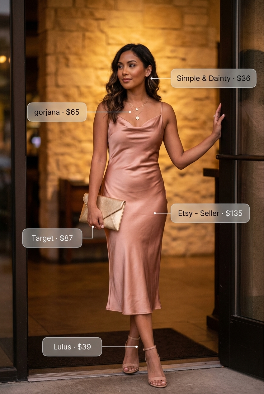 Romantic Evening Summer Soiree Outfit 2024 Elegant summer outfits for a romantic evening soiree featuring a blush pink silk slip dress, nude strappy heels, and a gold clutch. Delicate gold jewelry enhances this sensual look for date nights or elegant events.