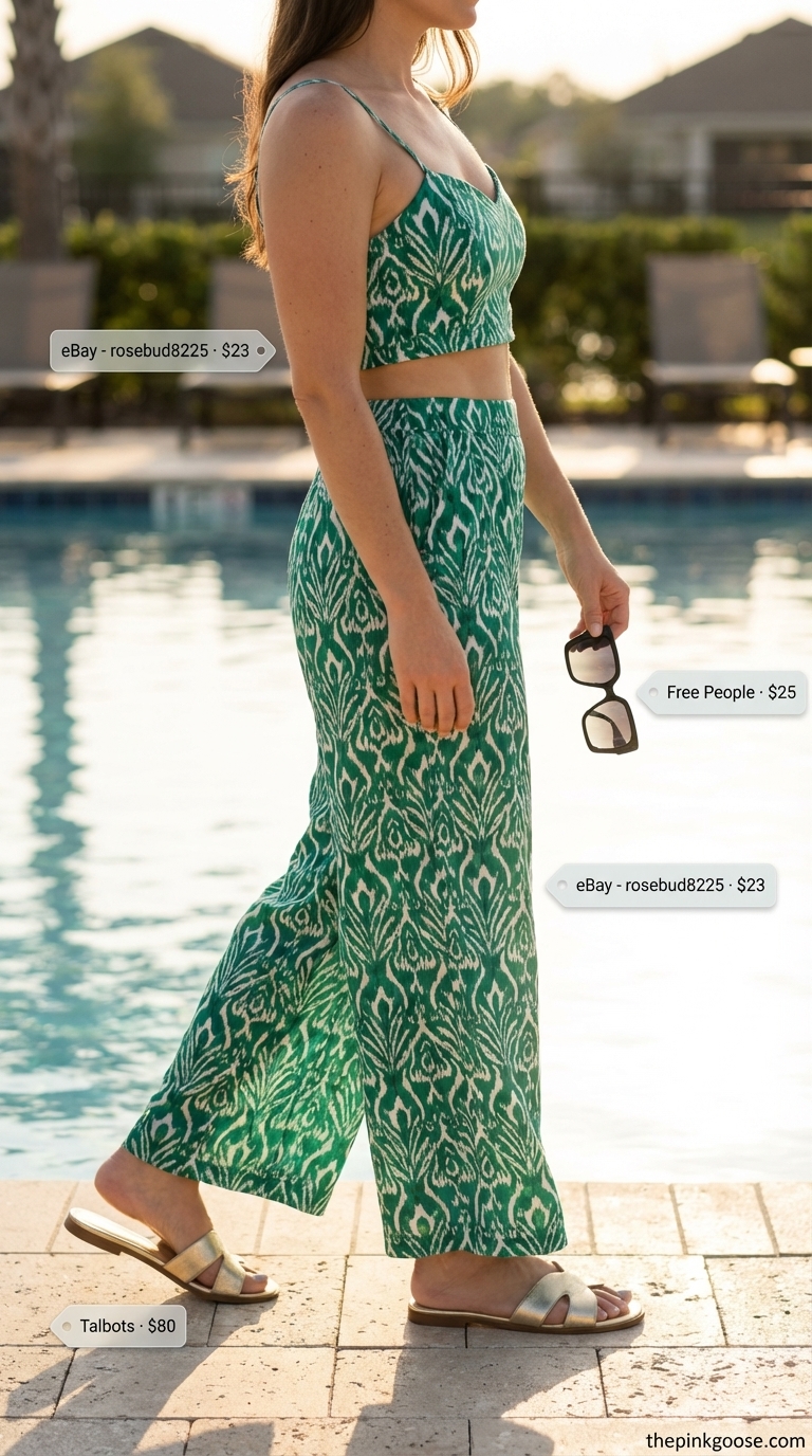 Glamorous Summer Outfits 2024: Poolside Retro Playful emerald green abstract print two-piece set, accessorized with gold slide sandals and retro sunglasses, epitomizing poolside glam summer outfits.