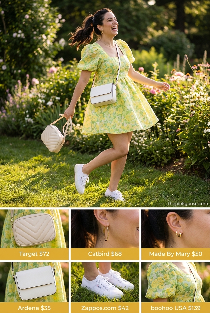 Playful Garden Party Summer Outfit 2024 Joyful summer outfits for a garden party featuring a yellow floral print mini dress, white low-top sneakers, and a white crossbody bag. Gold hoop earrings complete this playful and feminine ensemble.