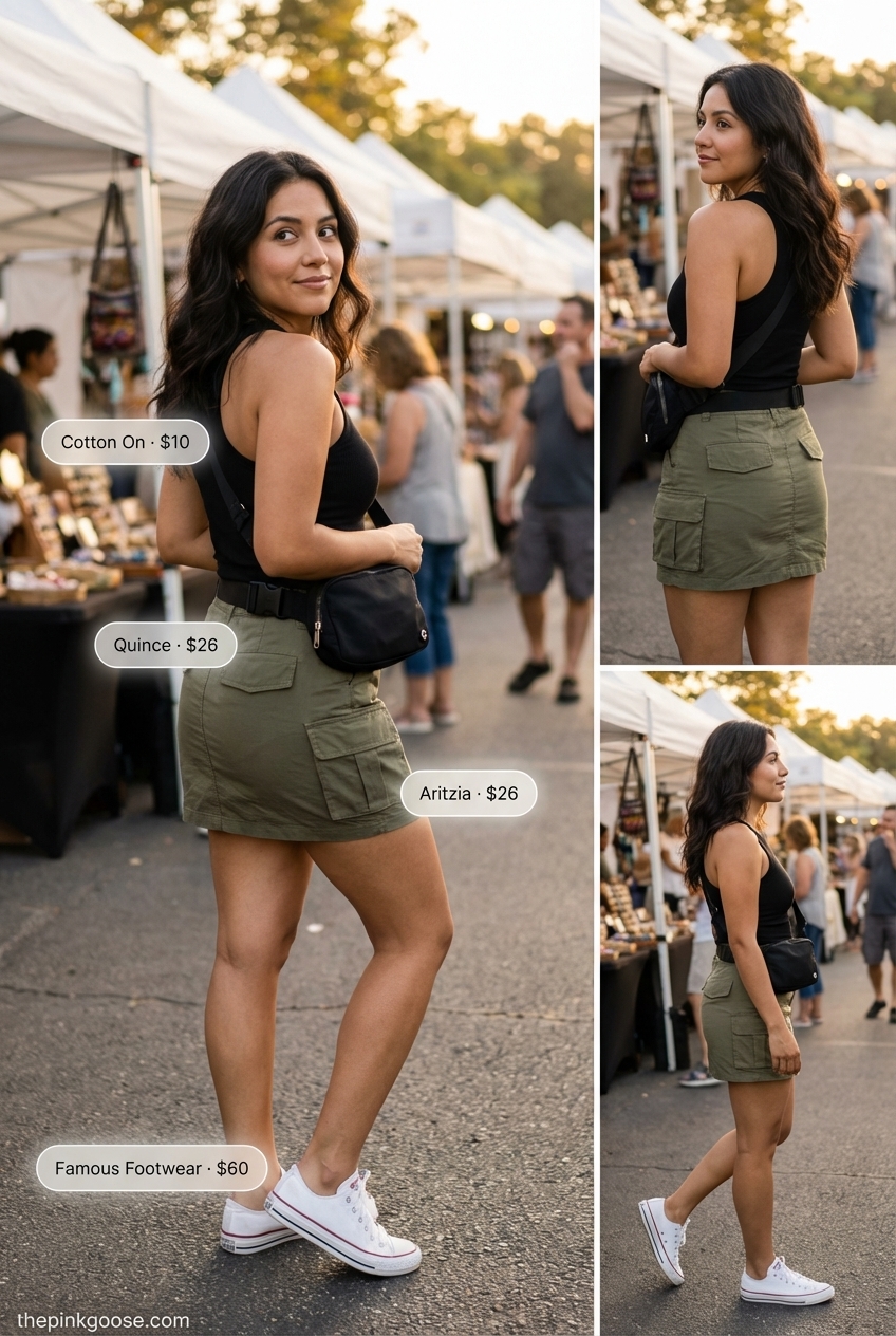 Urban Safari Summer Adventure Outfit 2024 Edgy summer outfits for urban adventures featuring an olive green cargo mini skirt, a black ribbed tank, and white canvas sneakers. A black nylon belt bag worn crossbody adds a utilitarian touch for festival fun.