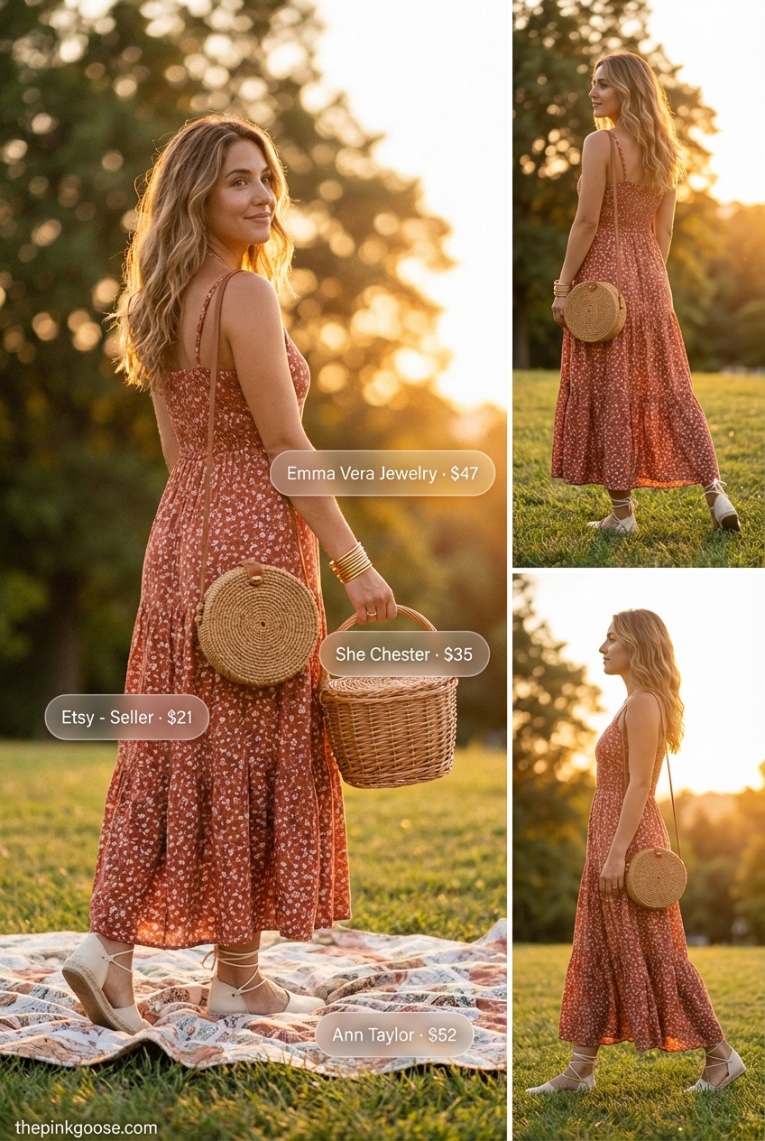 Bohemian Sunset Picnic Summer Outfit 2024 Romantic summer outfits for a bohemian sunset picnic, featuring a terracotta floral maxi dress, jute espadrille sandals, and a round straw bag. Gold bangles add shimmer to this carefree look.